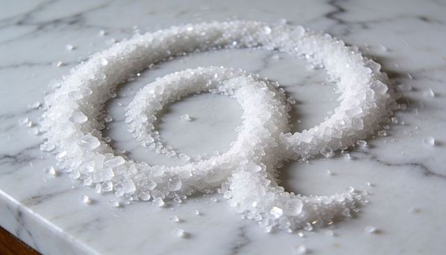 Coarse sea salt crystals forming spiral on marble countertop macro texture