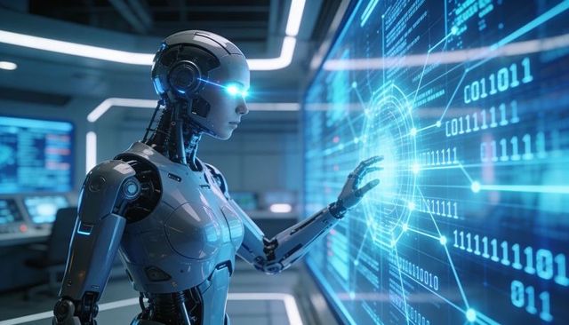 Humanoid Robot Interacting with Holographic Binary Interface in Futuristic Laboratory