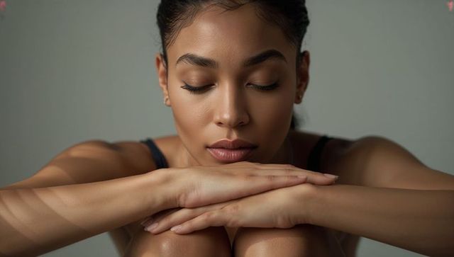 Serene beauty portrait of woman resting chin on hands with dramatic shadow lines