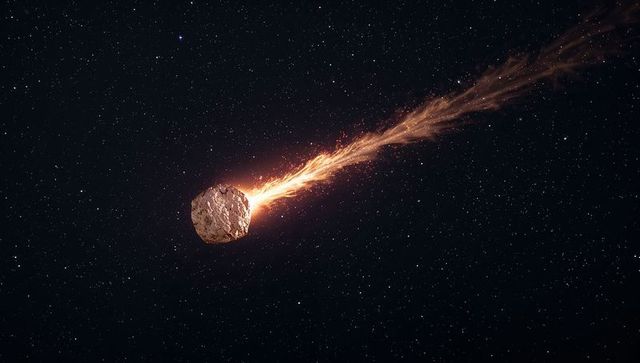 Rocky asteroid blazing through starfield with fiery plasma trail