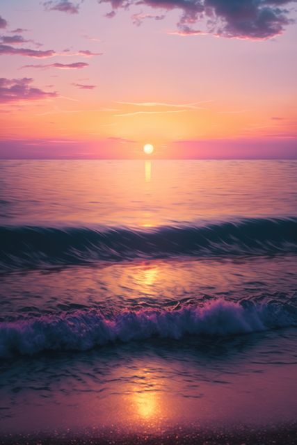 This image captures a beautiful sunset over the ocean with waves gently rolling onto the shore. The sky is painted in vivid shades of purple and orange, creating a serene and calming atmosphere ideal for use in travel brochures, inspirational posters, or relaxation and meditation content.