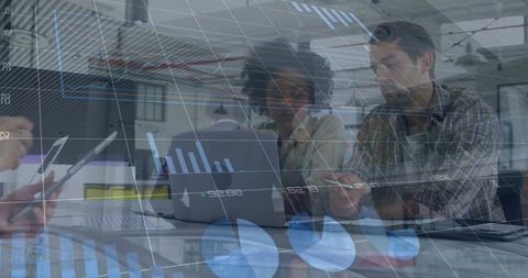Colleagues collaborating and analyzing data on laptop with HUD charts and analytics overlays