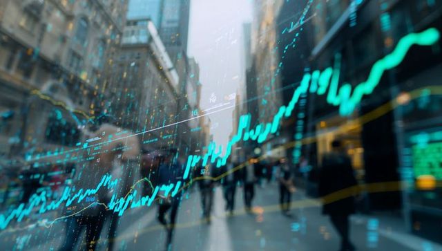 Business People in Financial District with Futuristic Data Overlay