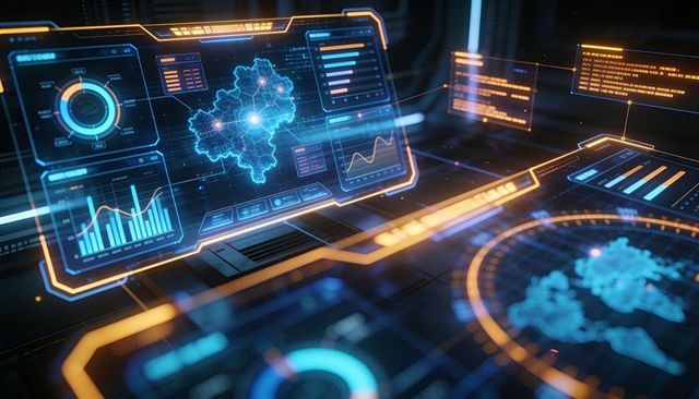 Futuristic holographic geospatial dashboard displaying interactive data nodes, analytics
