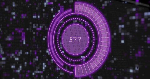 Purple holographic hud featuring circular radial data visualization with numeric overlay