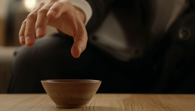 Suited hand reaching for ceramic bowl on wooden table closeup minimalist warm interior