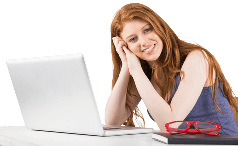 Transparent Woman Smiling with Laptop and Red Glasses - Download Free Stock Videos Pikwizard.com