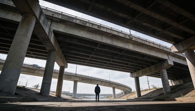 Solitary Figure Standing Under Massive Layered Highway Overpasses with Concrete Columns