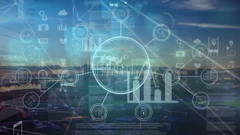 Global Digital Network Visualization Over Cityscape at Sunset
