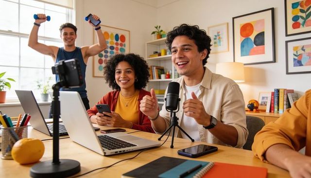 Young creators hosting lively home podcast with laptop microphone and smartphone