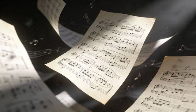 Floating piano sheet music bathed in warm spotlight with dust particles and depth