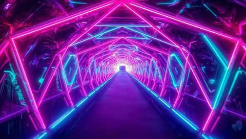 Futuristic Neon Tunnel Leading to Radiant Portal with Cyan and Magenta Geometric Lights