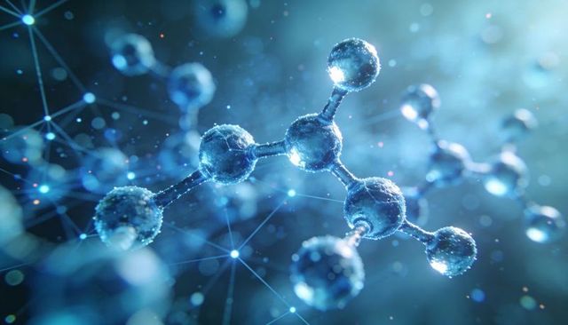 Shimmering nanoscale molecular network with frosty spheres, bonded nodes and luminous links