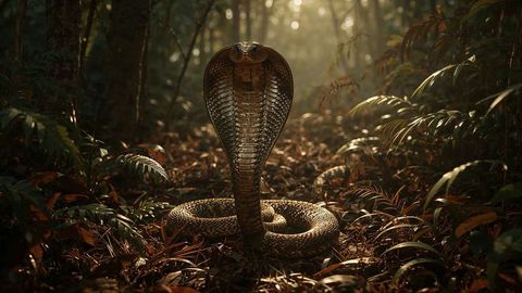 King Cobra with Intricately Patterned Hood on Forest Floor