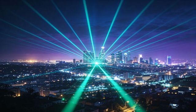 Green laser beams radiating from hilltop across neon downtown skyline at night