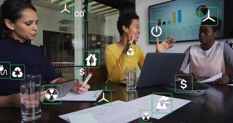 Team collaborating on sustainability strategy with data analytics and finance icons