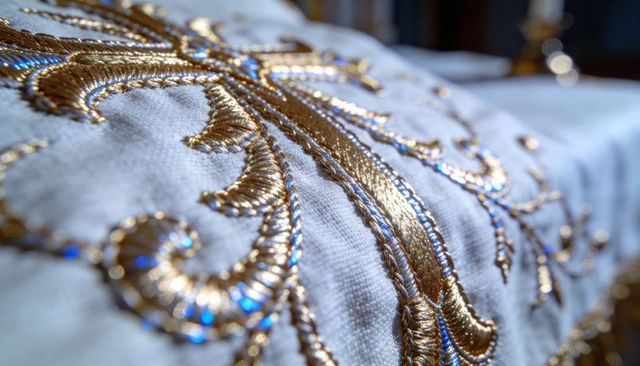 Ornate gold embroidered altar cloth with raised metallic thread and iridescent blue highlights