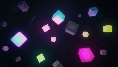 Neon Floating Voxels in Dark Void Futuristic Glowing Cubes with Soft Halos