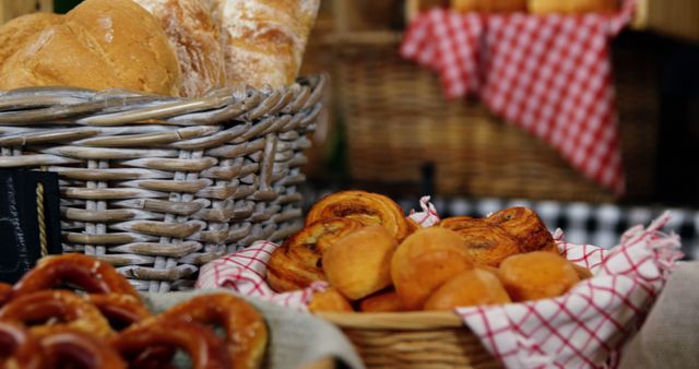 Assorted fresh bread and pastries displayed in wicker baskets, perfect for breakfast or brunch settings. It is ideal for marketing bakery products, food blogs, recipe books, and café promotions.