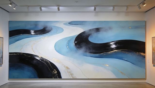Large blue black abstract painting with gold leaf accents and gloss reflections in gallery