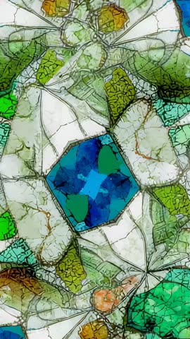 Vertical tilt revealing rotating blue gem in backlit stained glass mosaic with green shards