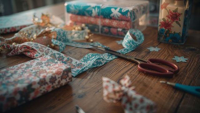 Floral Ribbon and DIY Gift Wrapping Setup on Rustic Wooden Table