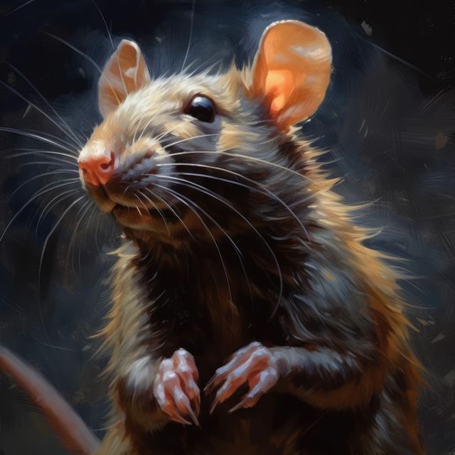 This intriguing image showcases a close-up portrait of a rat under dramatic lighting. Ideal for use in educational materials about rodents, wildlife imagery in articles, or projects needing an artistic portrayal of animals. The detailed fur and inquisitive expression provide visual interest and depth.