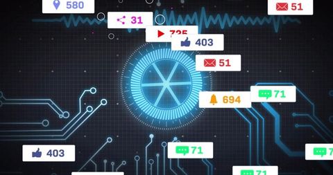 Pulsing cyber hub linking real-time notifications, analytics and neon circuit interface