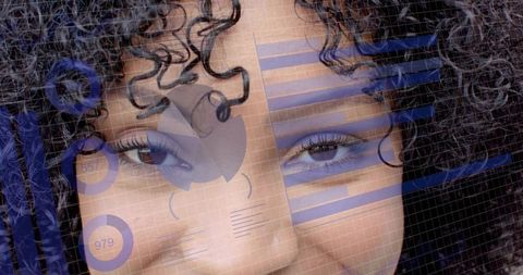 Curly-haired woman headshot with futuristic hud overlay and data analytics interface