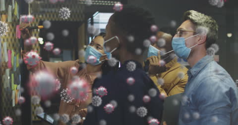 Team Collaborating in Office with Floating Virus Pattern