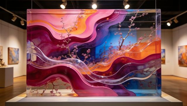 Iridescent translucent resin sculpture with flowering branches in magenta orange gallery
