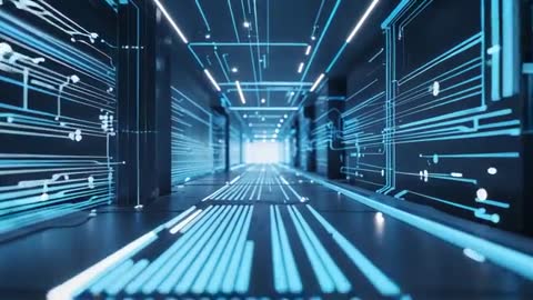 Futuristic Corridor with Glowing Blue Digital Circuits