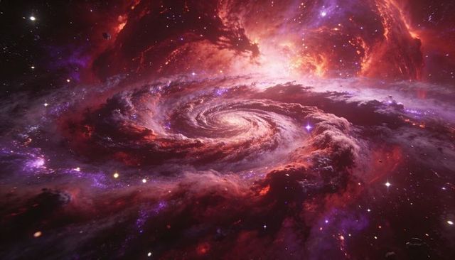 Swirling crimson spiral galaxy core and glowing nebula arms radiating cosmic energy