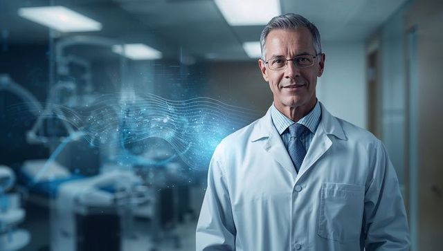 Senior Male Doctor Standing in Hospital Corridor with Futuristic DNA Hologram