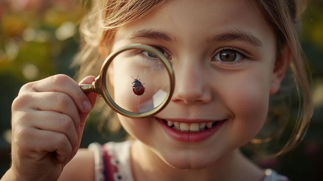 Curious girl examining ladybug with magnifying glass closeup outdoor exploration