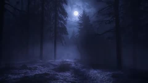 Moonlit Pine Forest Trail at Night Cinematic Loop Mist Rising under Full Moon