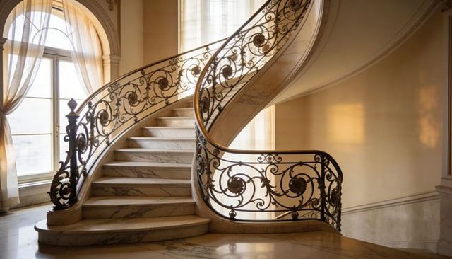 Curved marble staircase receiving golden sunlight with wrought iron scrollwork balustrade