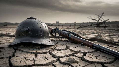 Historical first world war combat rifle and helmet abandoned on arid battlefield