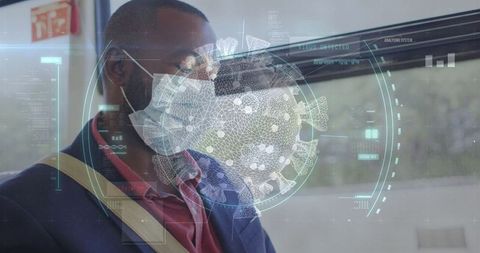 Man wearing face mask with digital analytics on covid-19