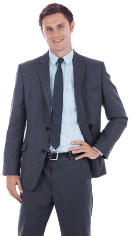 Smiling Businessman in Suit with Hand on Hip Transparent