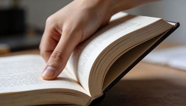 Hand turning page of paperback book on wooden desk, closeup reading moment