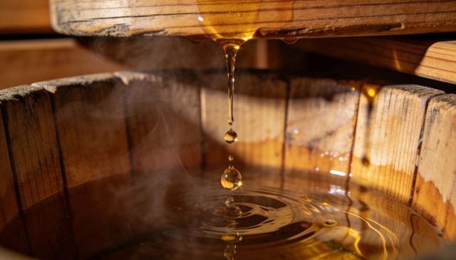 Dripping amber droplets forming concentric ripples in rustic wooden vat with steam