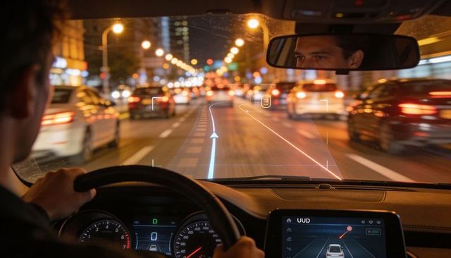 Male driver navigating urban night traffic with heads-up display and lane guidance