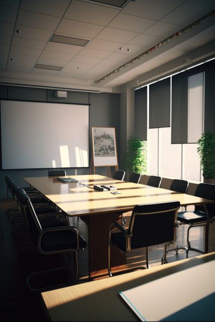 Modern conference room featuring large table with empty seats, projector screen, and large windows. Ideal for depicting corporate culture, meeting planning, office environments, or business presentations. Suitable for use in blogs, corporate websites, publications, and business brochures to emphasize professional settings and business activities.