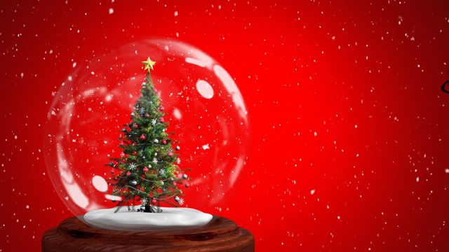 This depicts a festive Christmas scene featuring a decorated tree housed within a snow globe, set against a rich red backdrop. This can be used for holiday greeting cards, festive advertising, or promotional materials that aim to convey warmth and cheer typical of holiday celebrations.