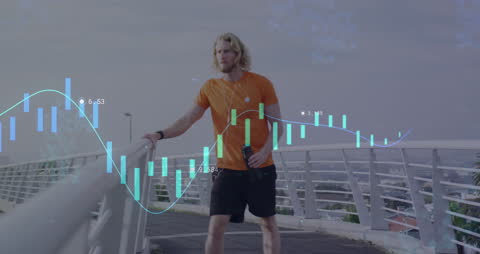 Caucasian Man Running with Digital Financial Data Animation