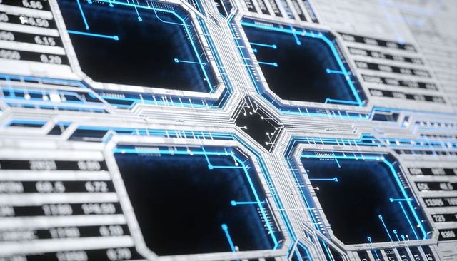 Cross-Shaped PCB Interconnect Featuring Cyan Traces, Diamond Central Pad and Quad Chip Pads