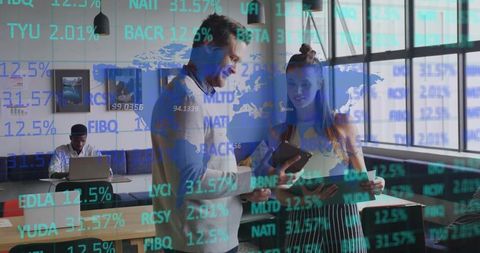 Business professionals analyzing market data on smart device