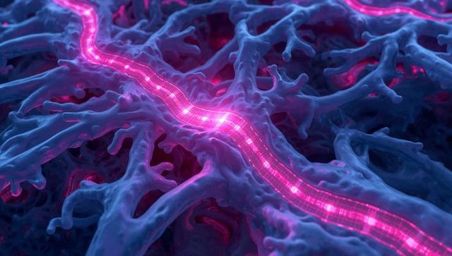 Glowing pink neural filament threading blue tubular network with luminescent cyber grid