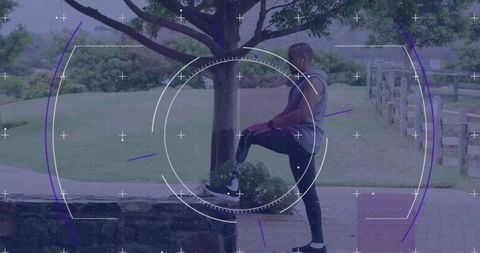 Athlete with Prosthetic Leg Training Outdoors with Futuristic Overlay